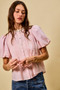 SO ME Gingham Lace Trim Button Bubble Sleeves Blouse