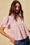 SO ME Gingham Lace Trim Button Bubble Sleeves Blouse
