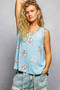 POL Washed Ribbed V-Neck Tank with Floral Print Star Patch
