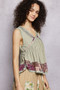 POL Lace Detail Ruffled Ribbed Sleeveless Top with Floral Pattern Trim Detail