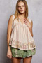 POL Lace Detail Ruffled Ribbed Sleeveless Top with Floral Pattern Trim Detail