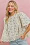 SO ME Floral Print Lace Trim Flutter Sleeves Blouse