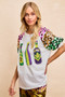 BiBi Sequin Mardi Gras Bottles Spangled Sleeve Top