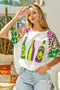BiBi Sequin Mardi Gras Bottles Spangled Sleeve Top