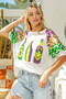 BiBi Sequin Mardi Gras Bottles Spangled Sleeve Top