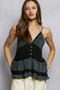 POL Button Front V-Neck Ruffled Cami with Pintuck Accents