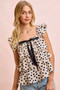 BiBi Polka Dot Ruffled Bow Tied Square Neck Sleeveless Top