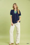 Umgee Puff Sleeve Zip Front Top with Contrast Striped Trim