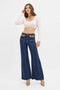 RISEN High Rise Wide Flare Jeans with Front Leather Pocket Detail