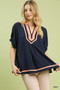 Umgee Linen Contrast Trim V-Neck Blouse