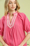 Umgee Solid Contrast Trim Pleated Top
