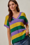 SO ME Mardi Gras Loose Fit V Neck Stripe Sweater Top