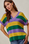 SO ME Mardi Gras Loose Fit V Neck Stripe Sweater Top