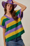 SO ME Mardi Gras Loose Fit V Neck Stripe Sweater Top