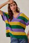 SO ME Mardi Gras Loose Fit V Neck Stripe Sweater Top