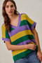 SO ME Mardi Gras Loose Fit V Neck Stripe Sweater Top