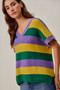 SO ME Mardi Gras Loose Fit V Neck Stripe Sweater Top