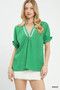 Umgee Textured V-Neck Top with Lace Trim Details
