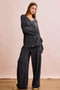 BiBi Two Tone Cord Rib Contrast Stitching V-Neck Top and Pants Set