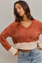 SO ME Chenille Cable Knit V Neck Contrast Cropped Sweater