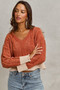 SO ME Chenille Cable Knit V Neck Contrast Cropped Sweater