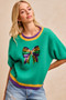 BiBi Mardi Gras Sequin Ribbon Patched Sweater