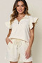 Double Take Full Size Texture Flounce Sleeve Top and Drawstring Shorts Set