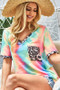 BiBi Tie Dye Print V Neck Top With Front Patch Pocket