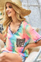BiBi Tie Dye Print V Neck Top With Front Patch Pocket