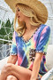 BiBi Tie Dye Print V Neck Top With Front Patch Pocket
