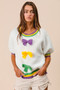 BiBi Short Puff Sleeve Ribbon Bow Mardi Gras Sweater