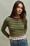 SO ME Mardi Gras Striped Cropped Knit Top with Crochet Edge