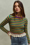 SO ME Mardi Gras Striped Cropped Knit Top with Crochet Edge