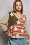 POL Double Gauze American Flag Patch V-Neck Long Sleeve T-Shirt