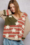 POL Double Gauze American Flag Patch V-Neck Long Sleeve T-Shirt