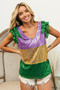 BiBi Mardi Gras Sequin Color Block Ruffled  Top