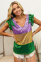 BiBi Mardi Gras Sequin Color Block Ruffled  Top