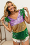 BiBi Mardi Gras Sequin Color Block Ruffled  Top