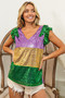 BiBi Mardi Gras Sequin Color Block Ruffled  Top