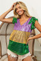 BiBi Mardi Gras Sequin Color Block Ruffled  Top