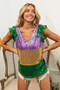 BiBi Mardi Gras Sequin Color Block Ruffled  Top