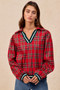 BiBi Christmas Plaid Collared Top with Ruffled Detail