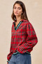 BiBi Christmas Plaid Collared Top with Ruffled Detail