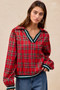BiBi Christmas Plaid Collared Top with Ruffled Detail