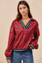 BiBi Christmas Plaid Collared Top with Ruffled Detail