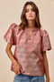 BiBi Jacquard Woven Short Balloon Sleeves V Neck Top