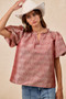 BiBi Jacquard Woven Short Balloon Sleeves V Neck Top