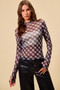 SO ME Plaid Mesh Knit Long Sleeve Top with Thumb Opening