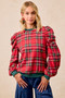 BiBi Christmas Plaid Exaggerated Shoulder Sleeves Top