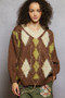 POL V-Neck Argyle Pattern Mohair Sweater with Contrast Exposed Stitch Detail
